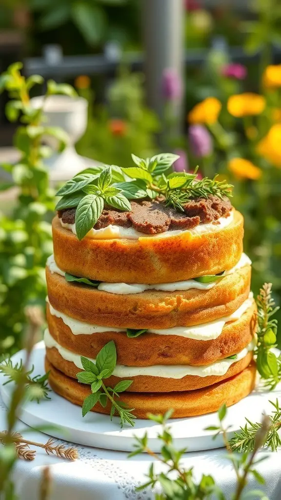 A layered herb garden cake with fresh herbs on top, set in a garden.