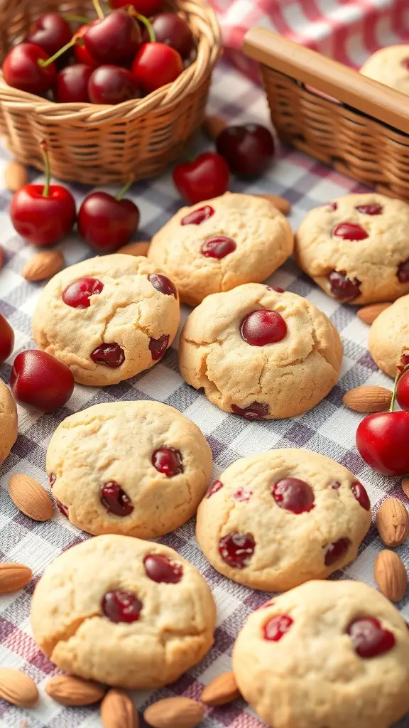 A close-up of cherry almond cookies on a checkered cloth, with fresh cherries and almonds around.