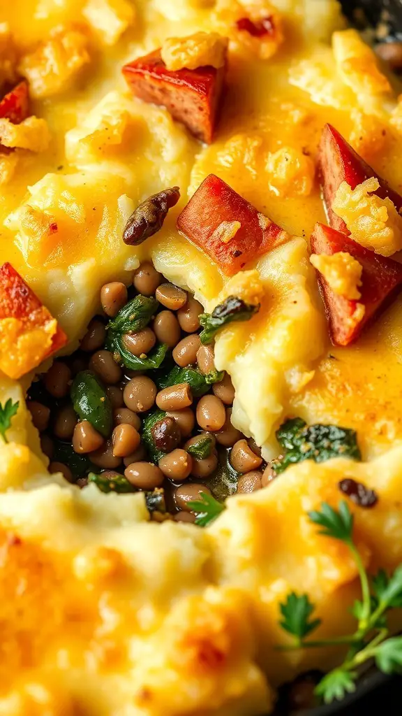 A close-up of a vegan lentil and spinach shepherd's pie with a creamy topping and colorful vegetables.