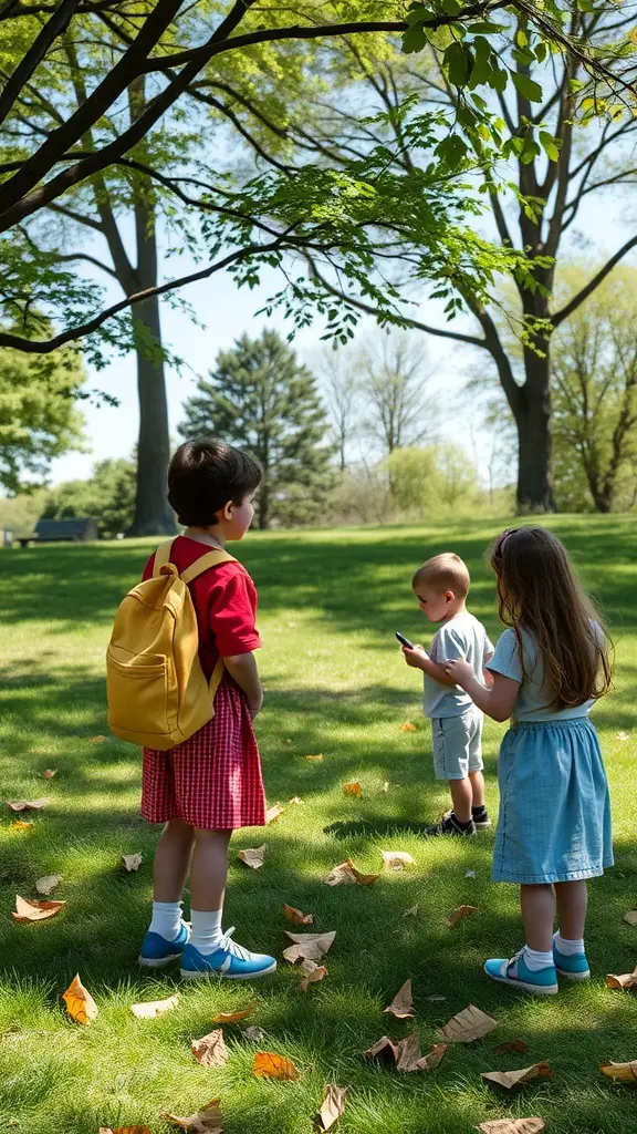 Children participating in an outdoor scavenger hunt in a park.