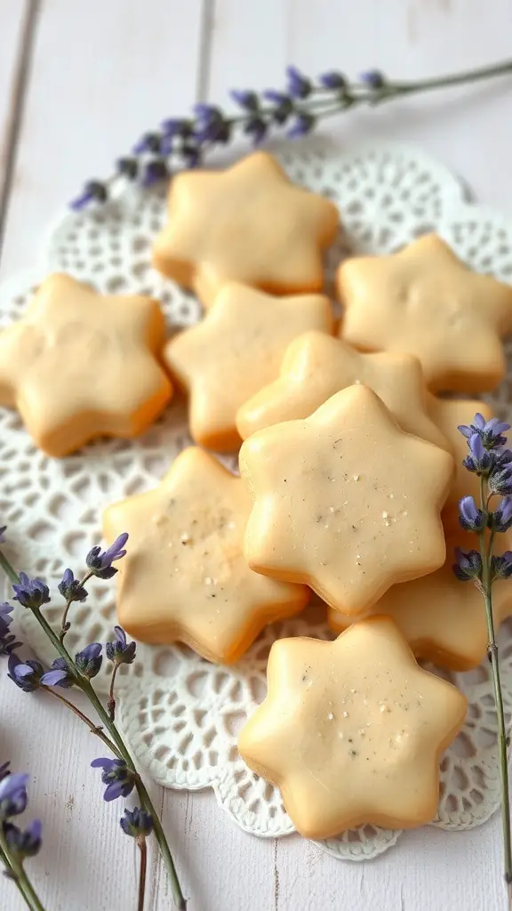 Lavender Honey Shortbread Cookies shaped like stars, arranged on a doily with lavender sprigs.