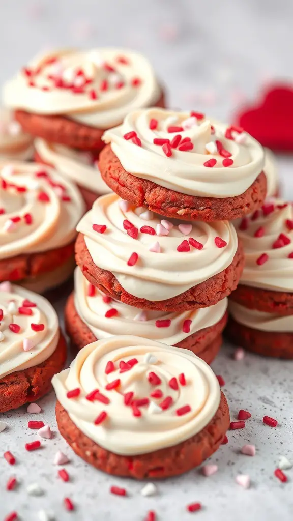 Stack of red velvet sugar cookies topped with cream frosting and heart-shaped sprinkles.
