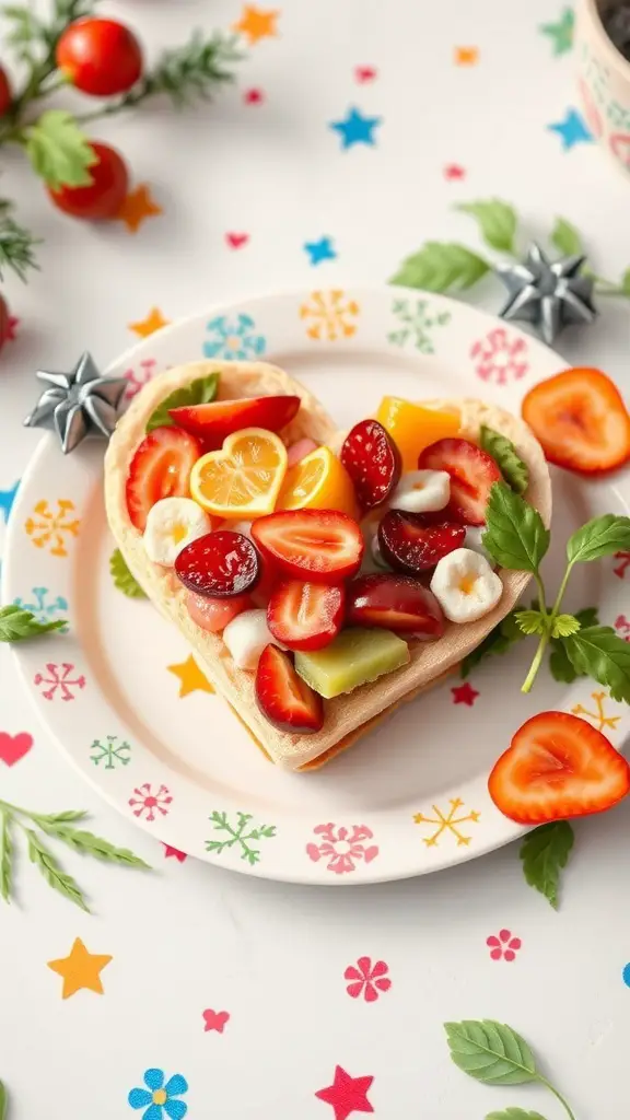 Heart-shaped sandwich topped with colorful fruits on a decorative plate.