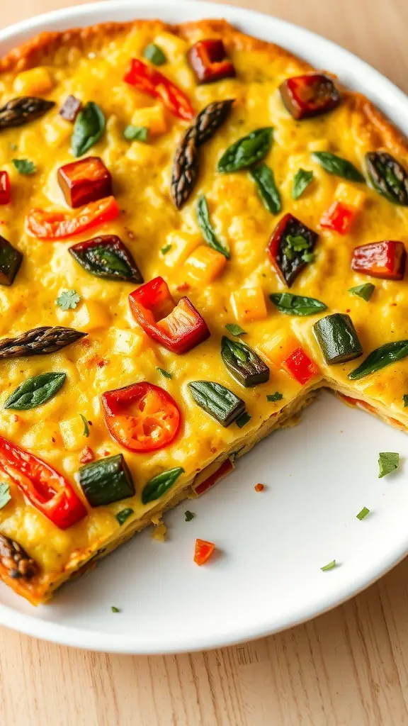 A vibrant spring vegetable frittata with bell peppers, asparagus, and leafy greens.