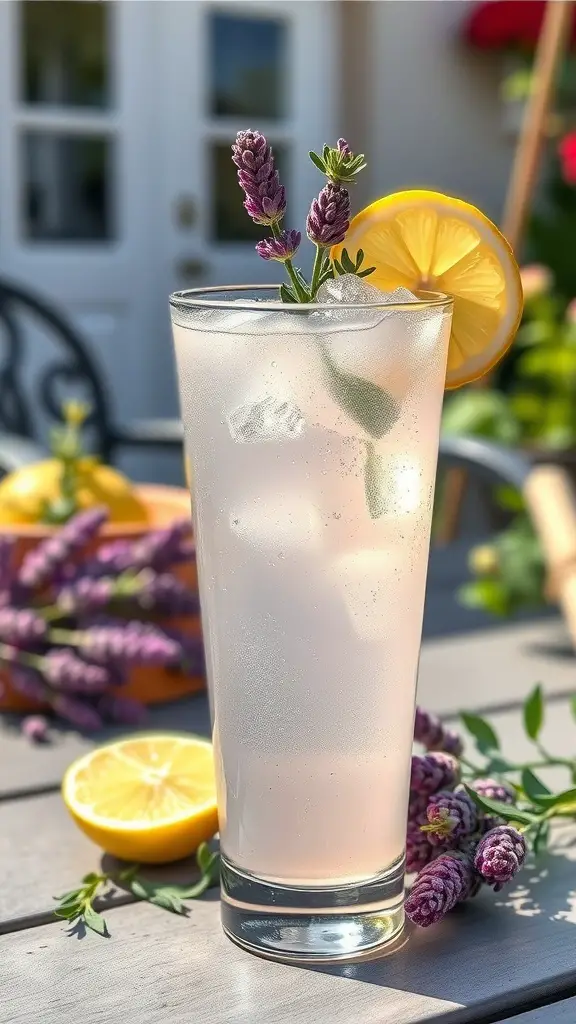 A refreshing glass of lavender lemonade garnished with lemon and lavender sprigs