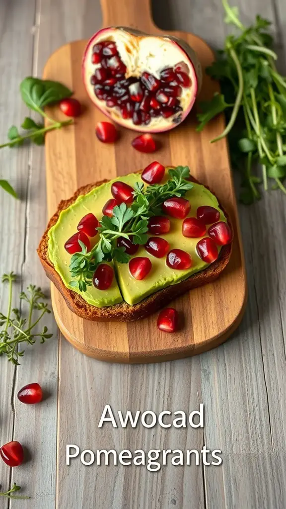Avocado toast topped with pomegranate seeds on a wooden cutting board