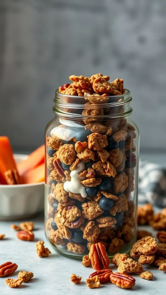 A jar filled with maple pecan granola clusters, surrounded by pecans and a bowl of blueberries.