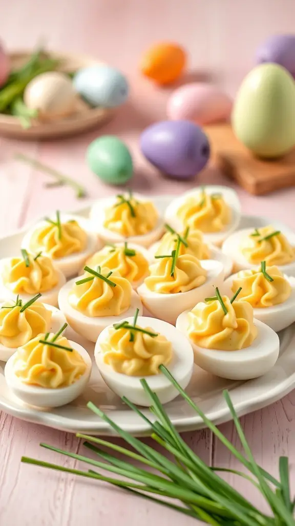 A platter of deviled eggs topped with chives, surrounded by colorful Easter eggs.