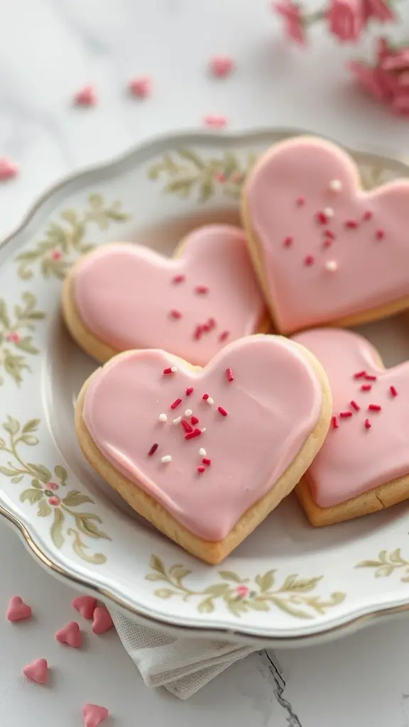 Heart-shaped sugar cookies decorated with pink icing and sprinkles on a floral plate.