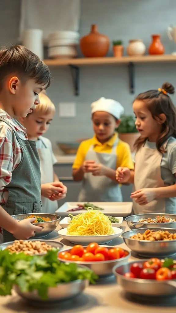 Kids participating in a cooking challenge with various ingredients on the table.