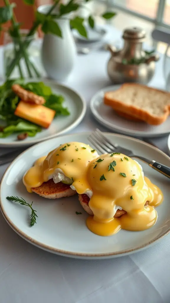 A plate of Eggs Benedict with Hollandaise sauce, garnished with herbs, served with a side of salad and bread.