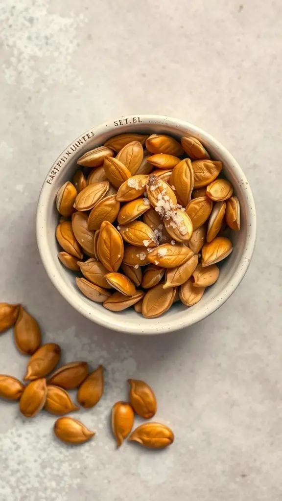 A bowl of roasted pumpkin seeds with some scattered around.