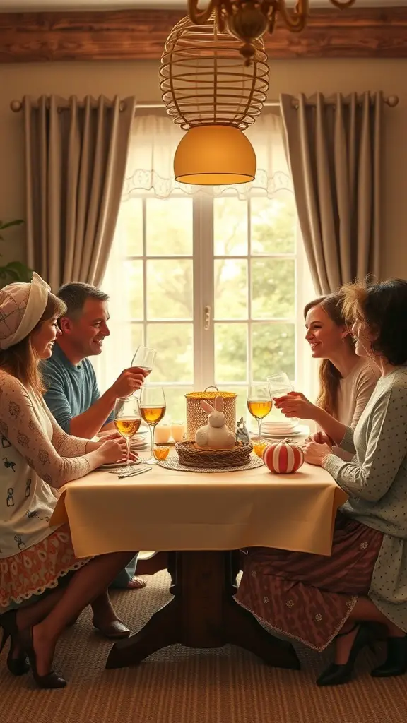 A group of friends enjoying a festive Easter meal together, with a table set for celebration.