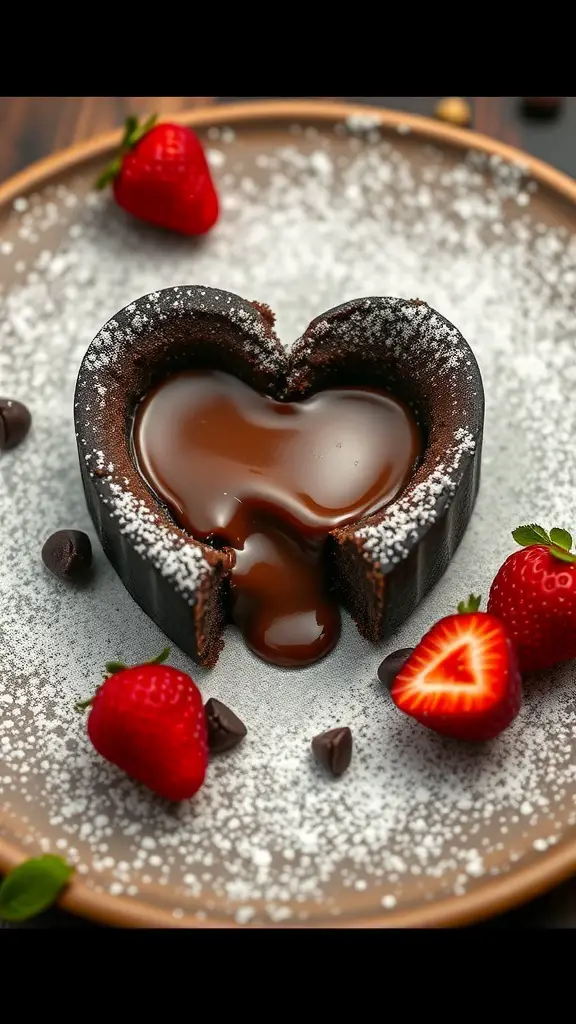 Heart-shaped chocolate lava cake with a molten center, garnished with strawberries and powdered sugar.