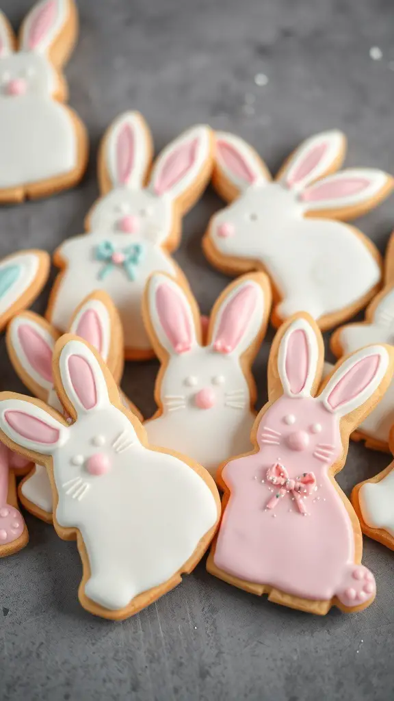 A collection of bunny-shaped sugar cookies decorated with icing in pastel colors.