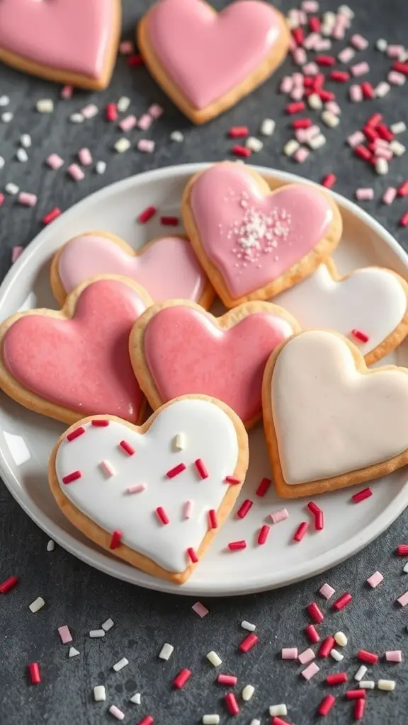 A plate of heart-shaped sugar cookies decorated with pink and white icing and sprinkles.