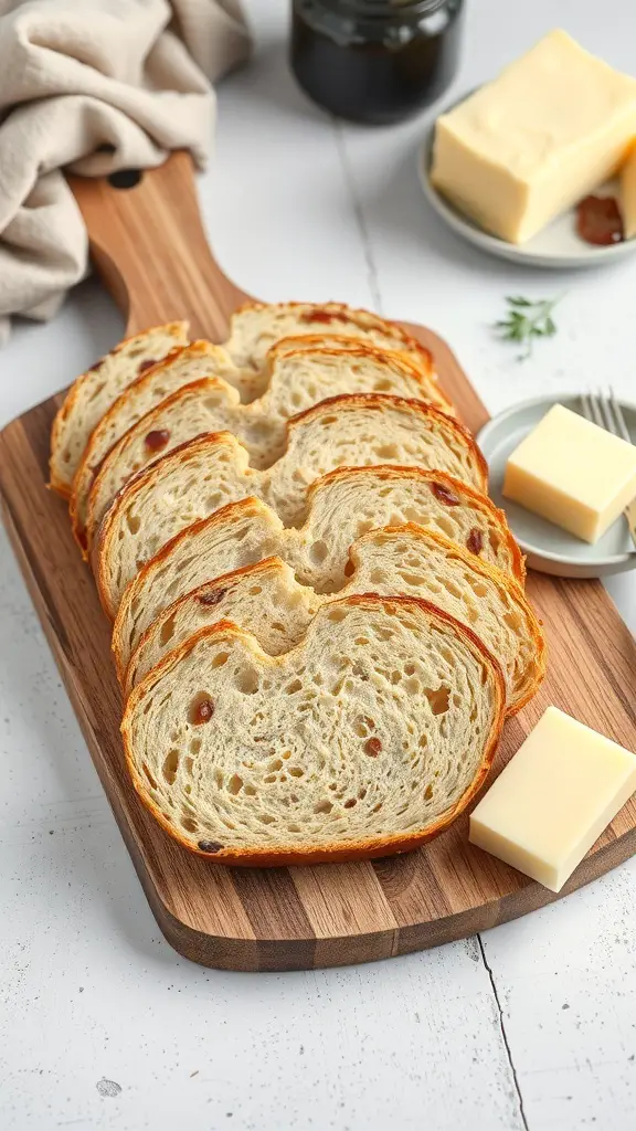 Sliced Irish soda bread on a wooden board with butter and jam