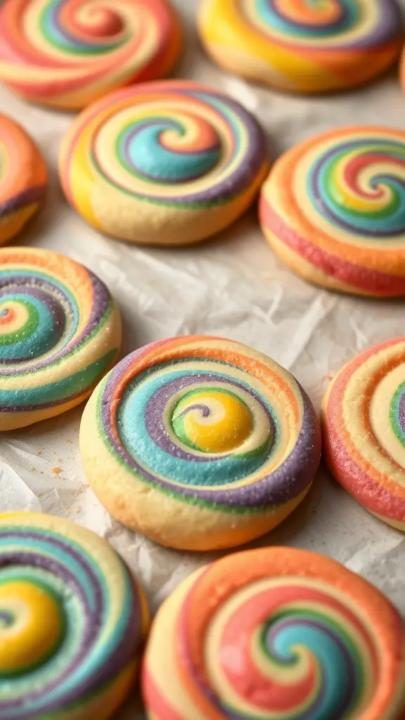 Colorful rainbow swirl cookies arranged on a surface