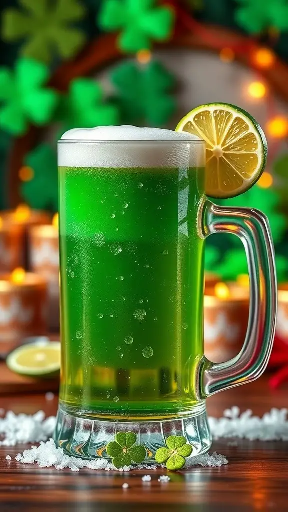 A glass of green beer with a lime slice, decorated with clovers in the background.