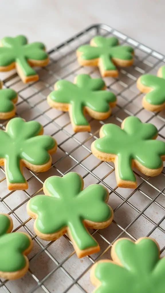 Green shamrock-shaped cookies on a cooling rack