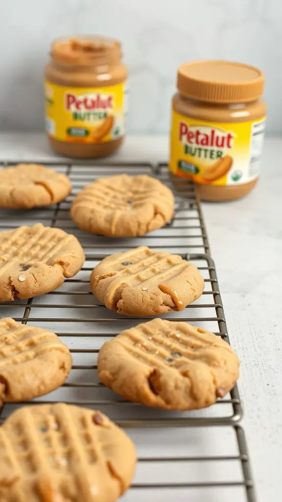 Peanut butter cookies cooling on a rack with jars of peanut butter in the background.