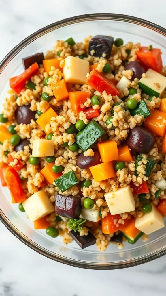 A bowl of quinoa mixed with colorful roasted vegetables and cheese cubes.