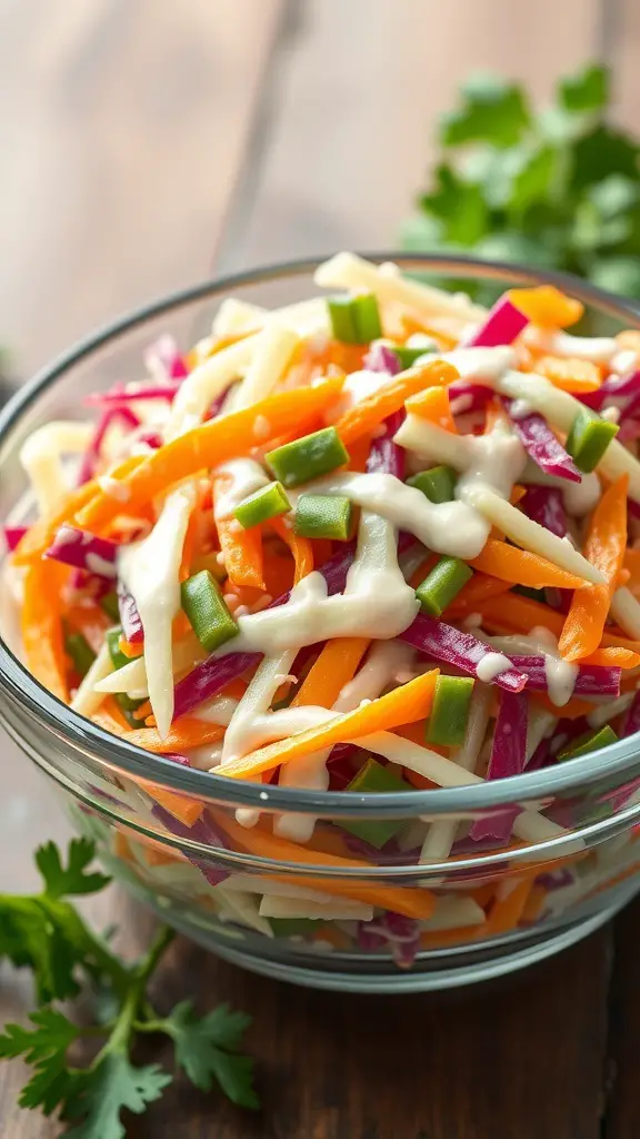 A bowl of colorful rainbow coleslaw with shredded vegetables and creamy dressing.