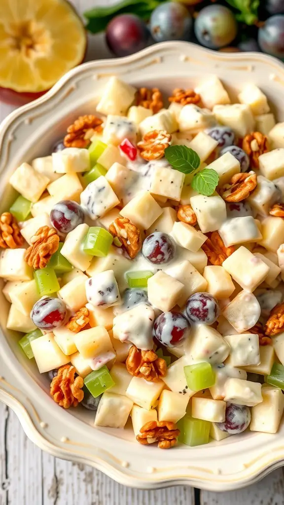 A bowl of Classic Waldorf Salad with apples, grapes, celery, and walnuts.