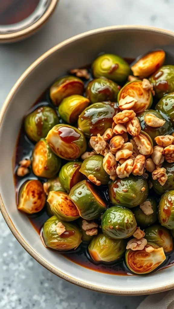 A bowl of balsamic glazed Brussels sprouts topped with chopped nuts.