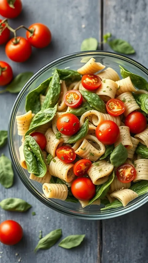 A bowl of creamy avocado and spinach pasta salad with cherry tomatoes.