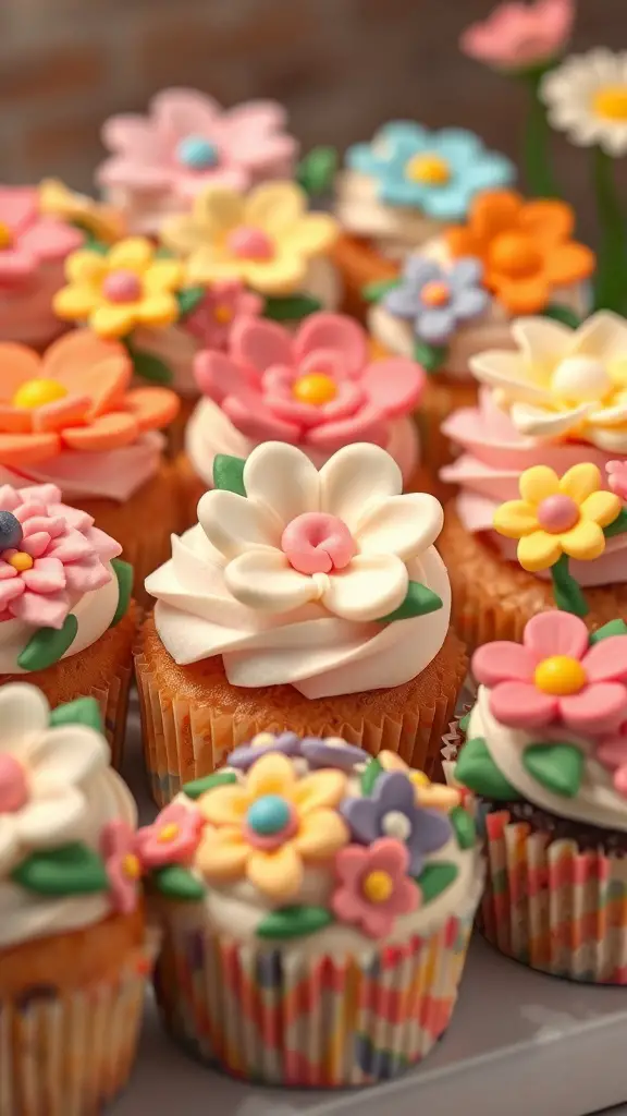 Colorful spring flower cupcakes with various flower decorations on top.