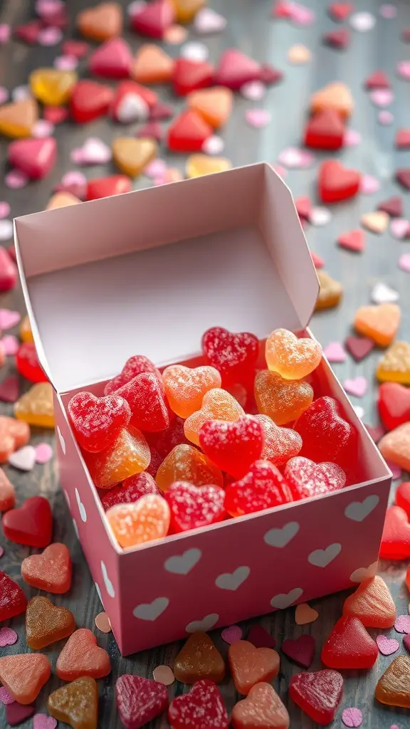 A pink box filled with heart-shaped gummies surrounded by colorful heart-shaped candies.