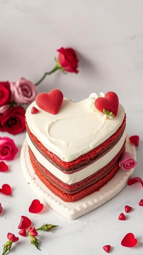 A heart-shaped red velvet cake decorated with cream cheese frosting and heart-shaped accents, surrounded by rose petals.