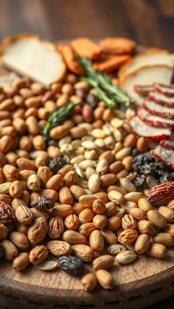 A variety of nuts and seeds on a charcuterie board, including almonds, pistachios, and sunflower seeds.