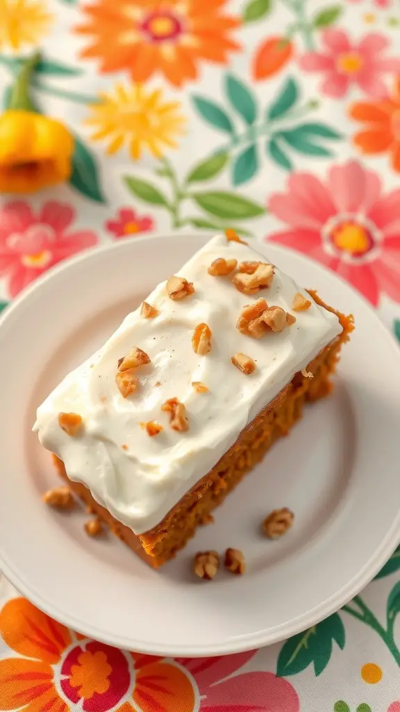 A slice of carrot cake topped with cream cheese frosting and walnuts on a floral tablecloth.