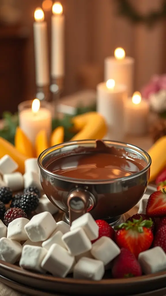 A warm bowl of chocolate fondue surrounded by fresh fruits and marshmallows, with candles in the background.
