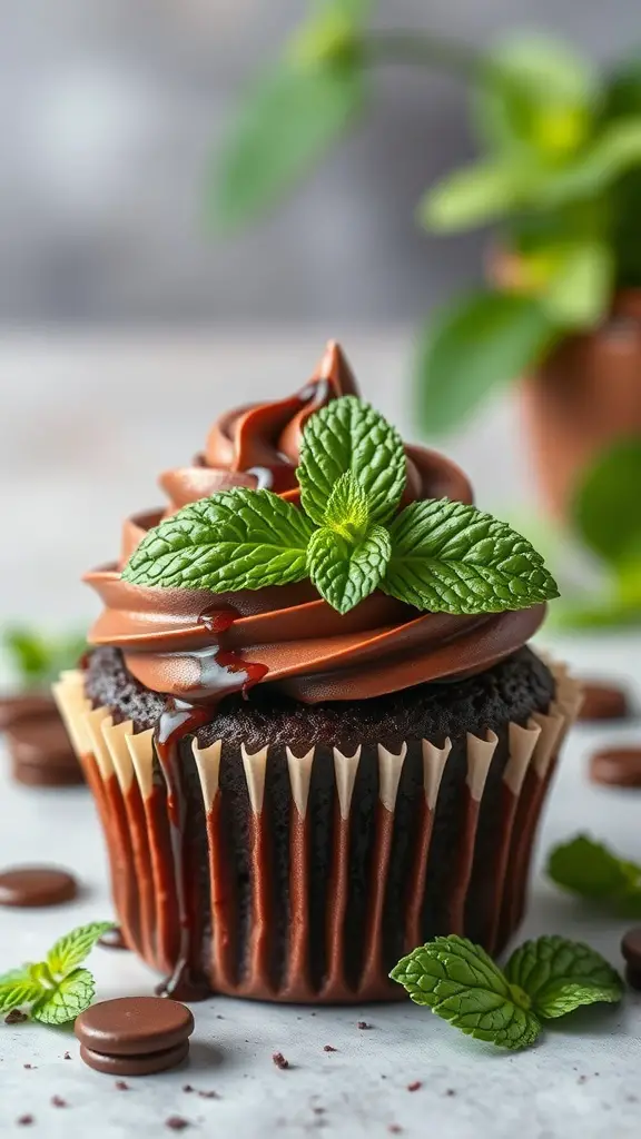 A chocolate cupcake topped with chocolate frosting and fresh mint leaves, with chocolate drizzle.