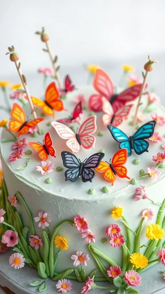 A beautifully decorated Butterfly Garden Cake with colorful butterflies and flowers.