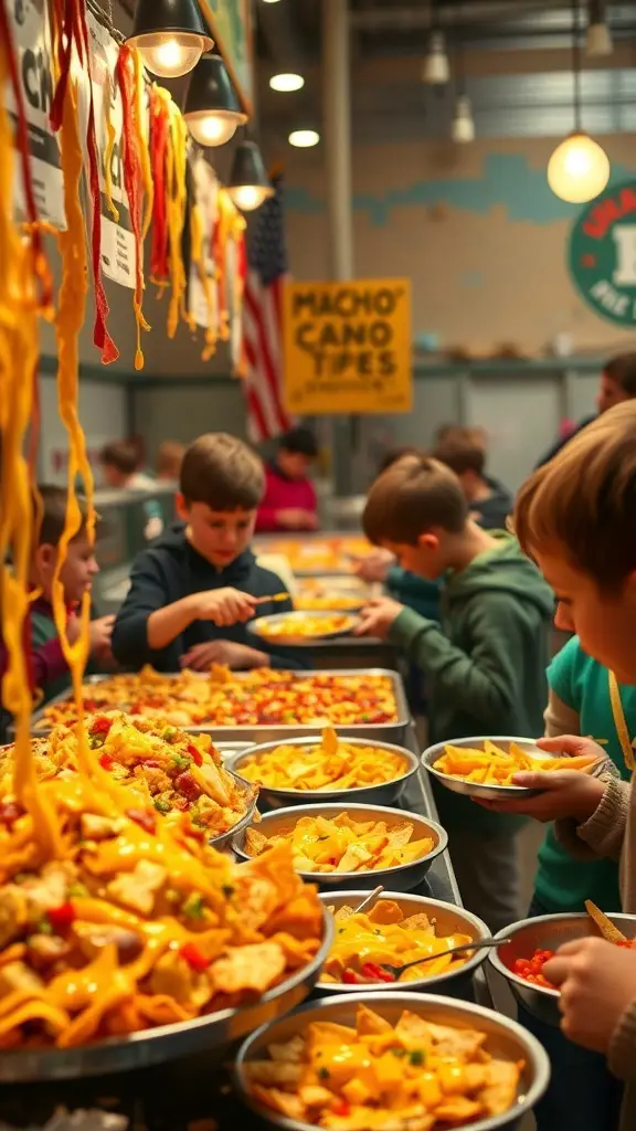 Kids enjoying a nacho station with various toppings and cheese