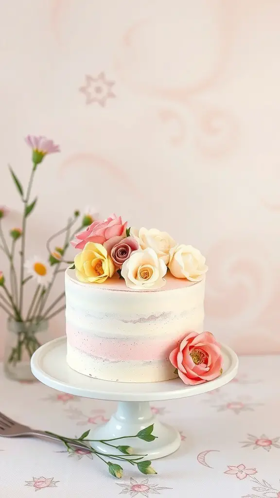 A pastel-colored cake decorated with sugar flowers, set against a soft background.