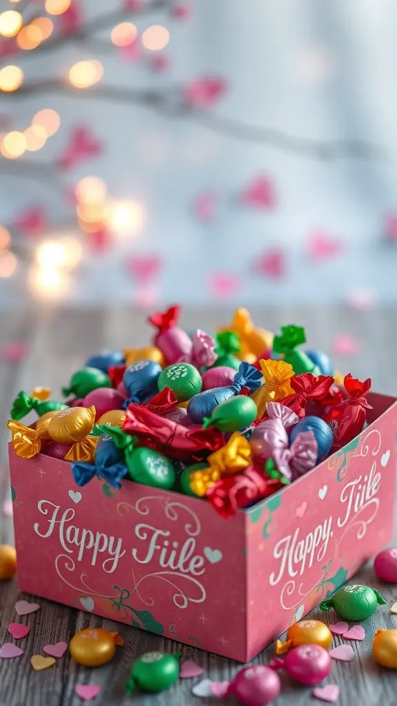 A colorful box filled with handmade candies wrapped in bright foil, surrounded by heart-shaped decorations.