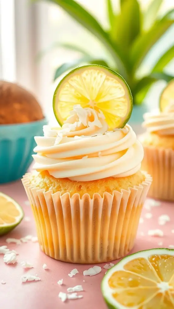 Tropical Coconut Lime Cupcakes with lime slice and coconut flakes on top