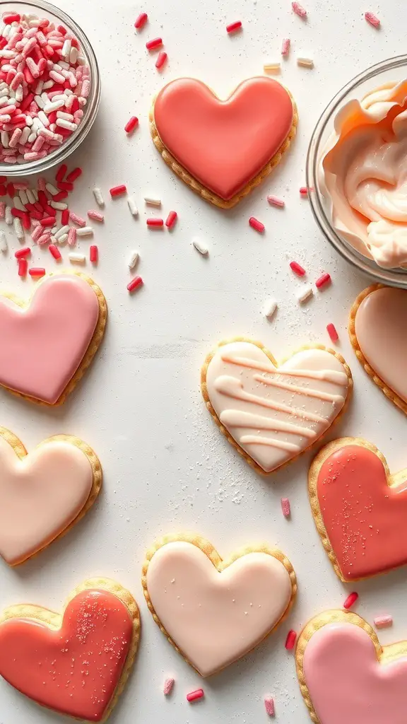 Heart-shaped cookies decorated with pink and red icing and sprinkles