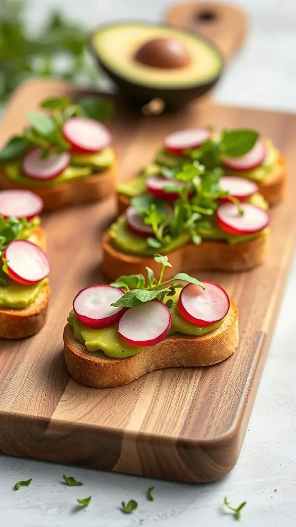 Mini avocado toast bites topped with radishes and greens on a wooden board