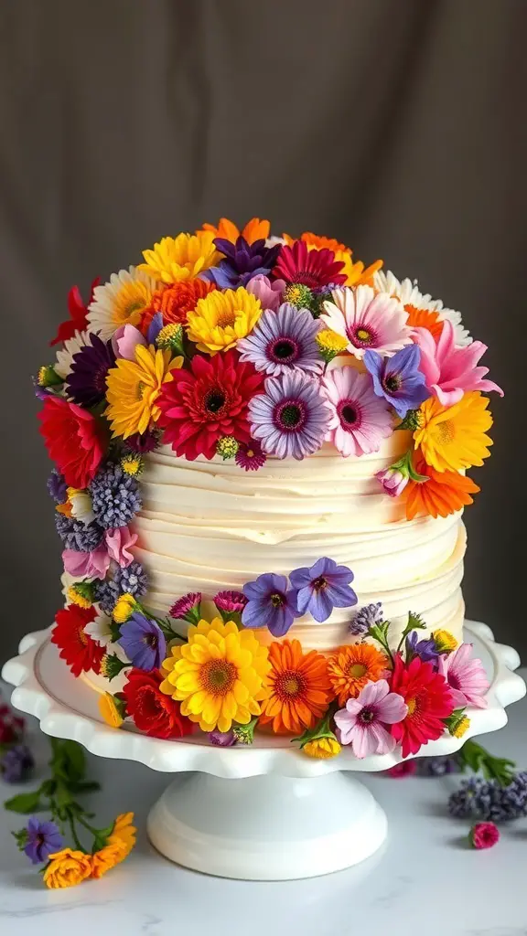 A beautifully decorated Wildflower Buttercream Ruffle Cake topped with colorful flowers.