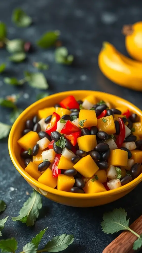 A vibrant bowl of Tropical Mango and Black Bean Salad with mango, black beans, red bell pepper, and cilantro.