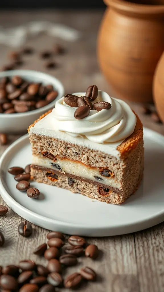 A slice of gourmet coffee lover's cake on a plate, topped with whipped cream and coffee beans.