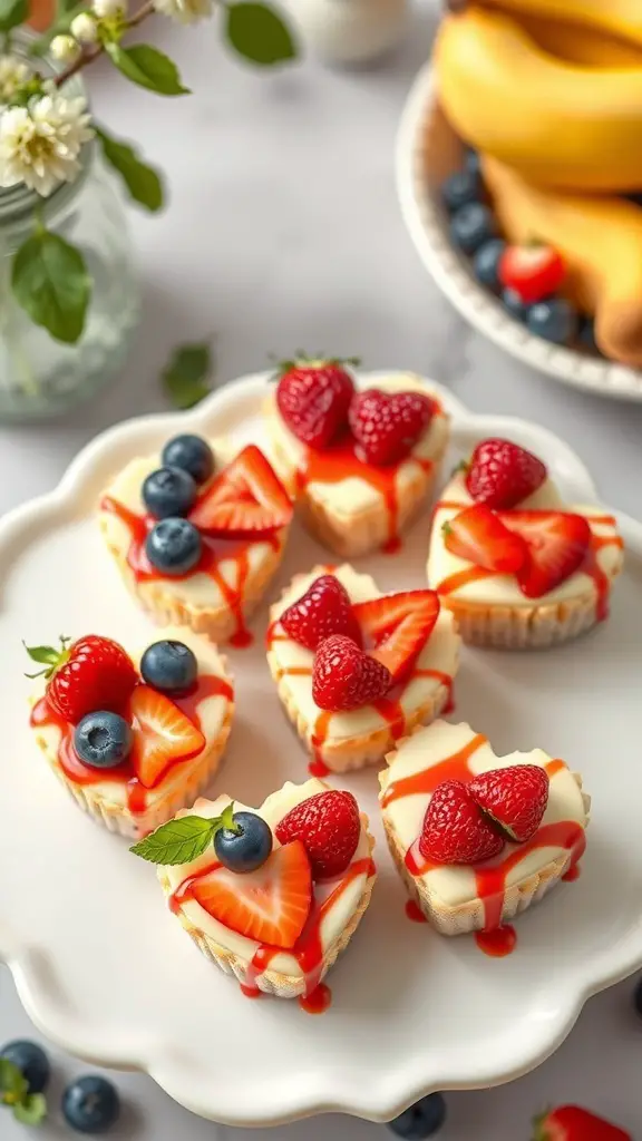 Heart-shaped cheesecakes topped with strawberries, blueberries, and raspberries on a white plate.