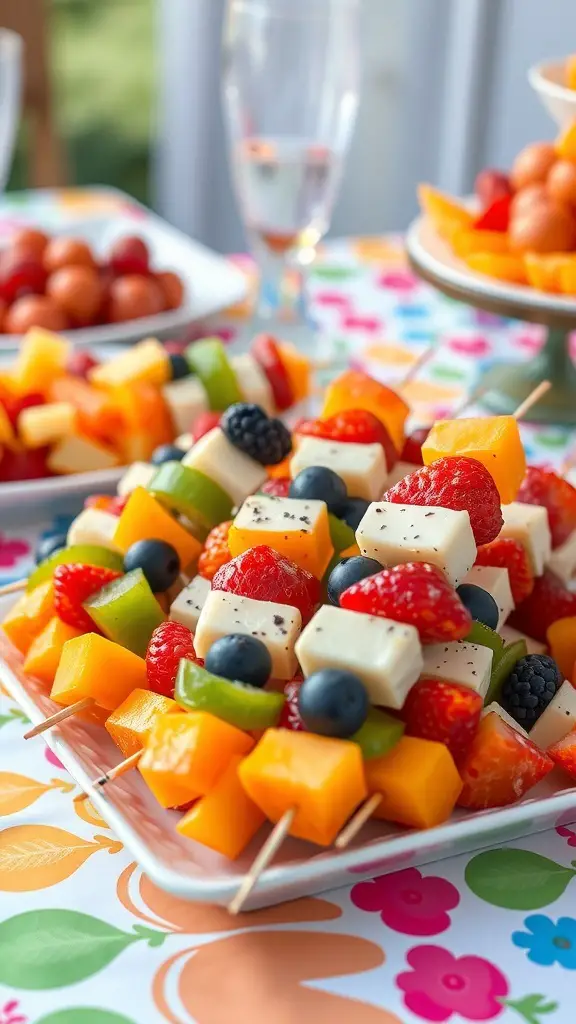 Colorful fruit and cheese kabobs on a platter