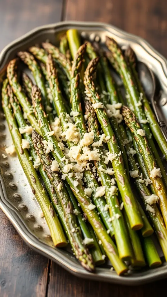 A platter of roasted asparagus topped with grated Parmesan cheese.